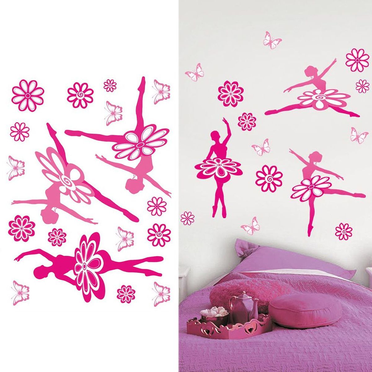 Stickers Ballerines et fleurs 18 pices planche de 50 x 70 cm