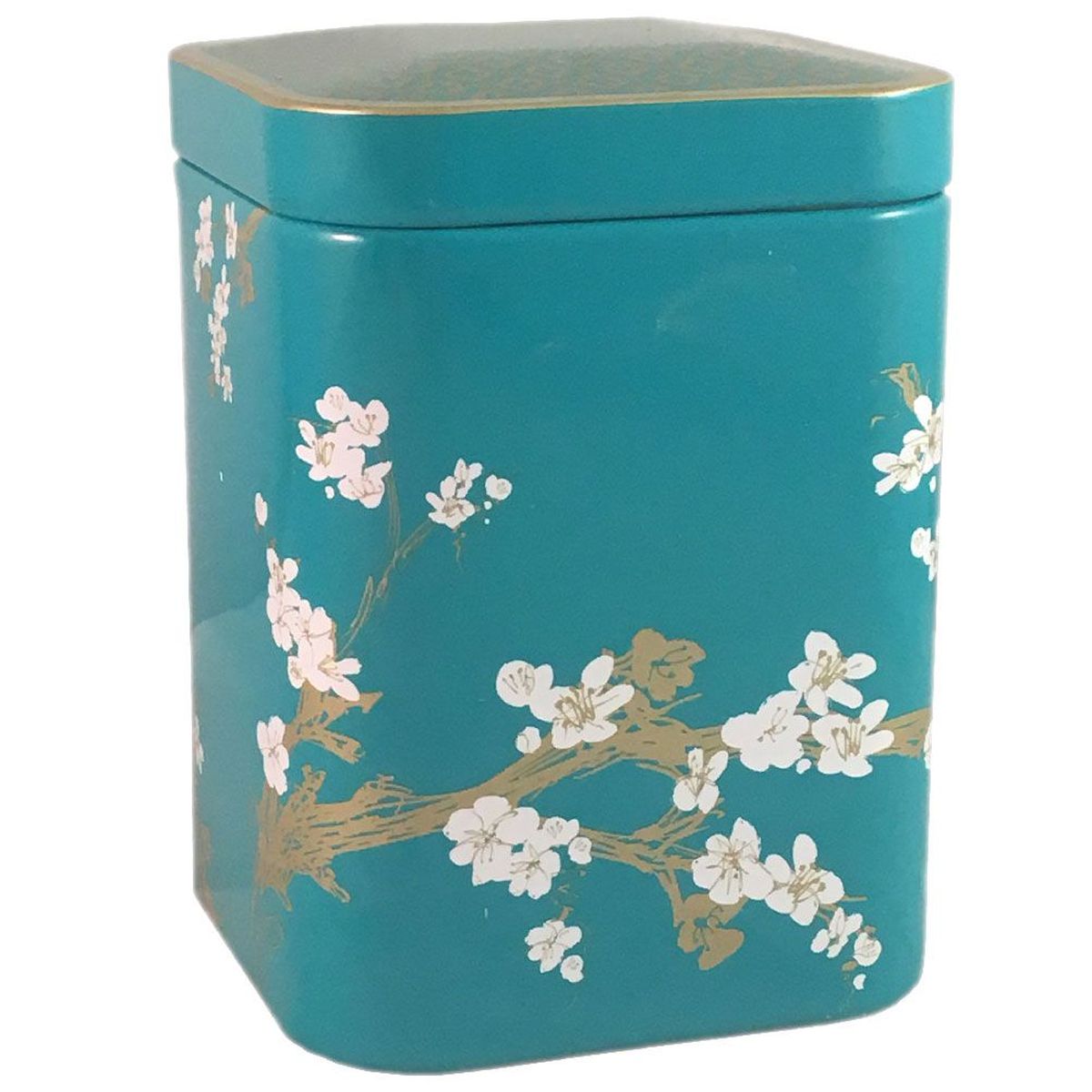 Boite  Th Fleurs de Cerisier turquoise en mtal - 7 x 7 x 11 c