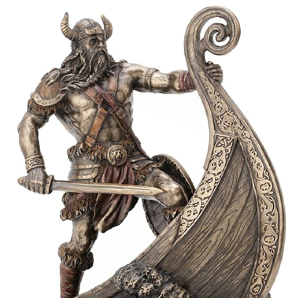 Figurine Guerrier Viking et Drakkar en résine 24 cm