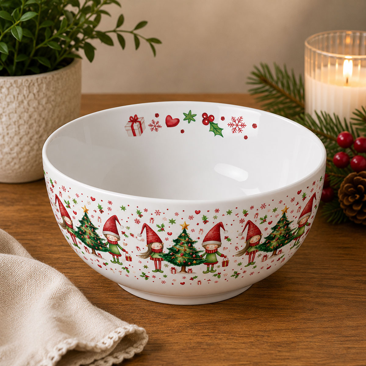 Bol en porcelaine fine d�cor Lutins de No�l