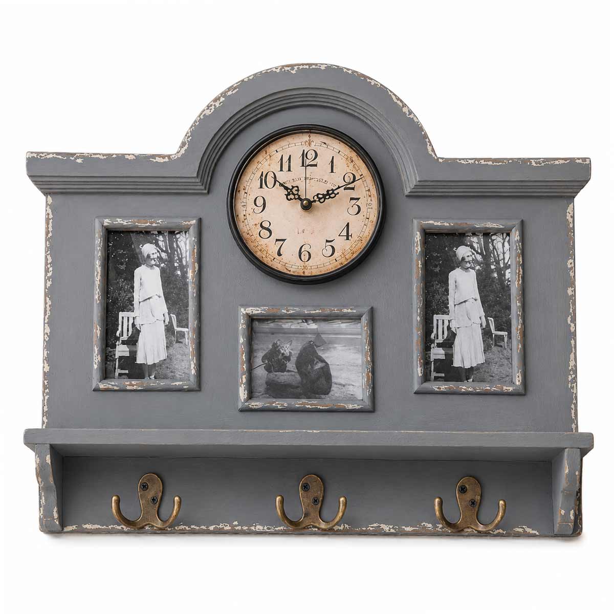 Pat�re horloge et cadres photos en bois gris vieilli