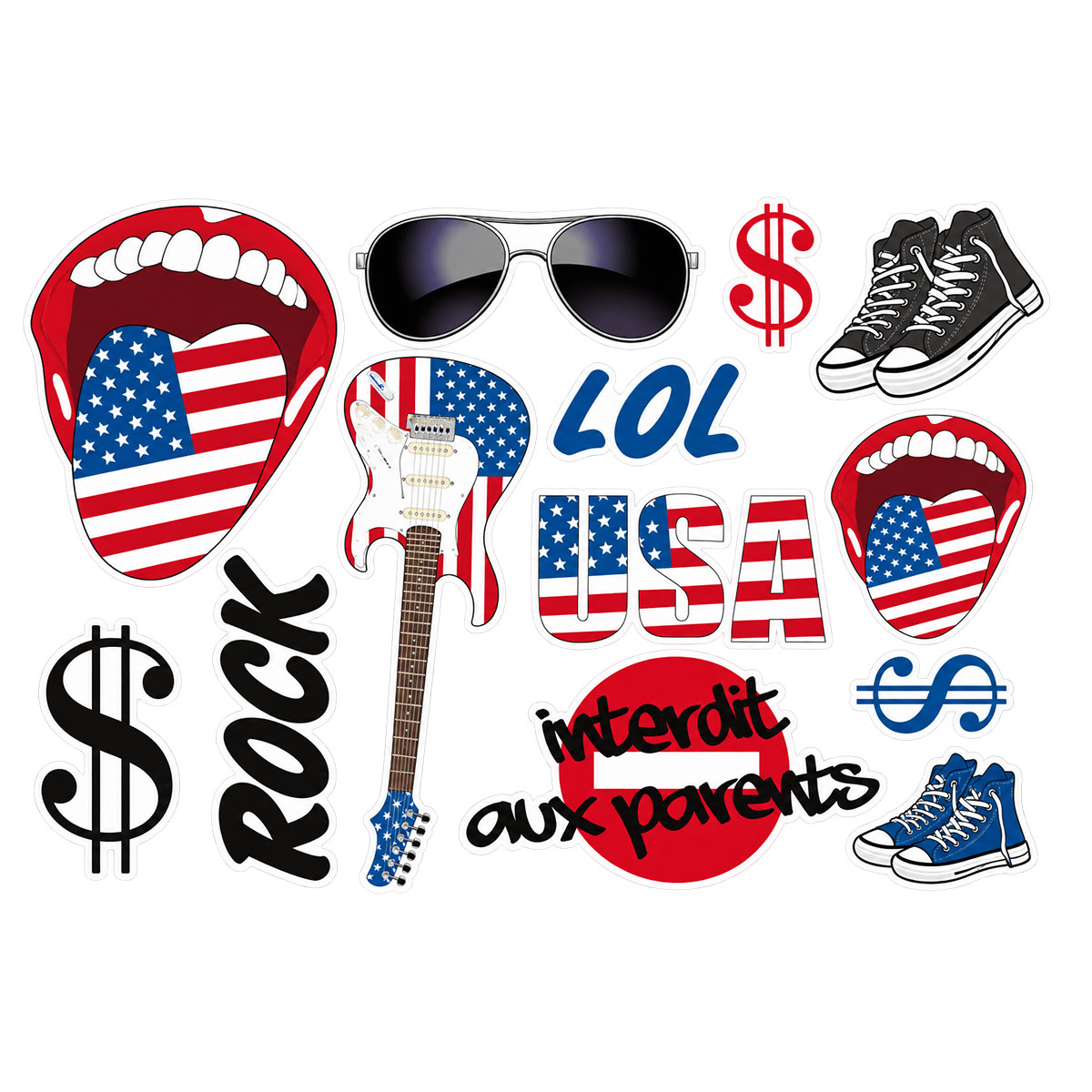 Planche de 13 stickers muraux USA rock repositionnables 50 x 70