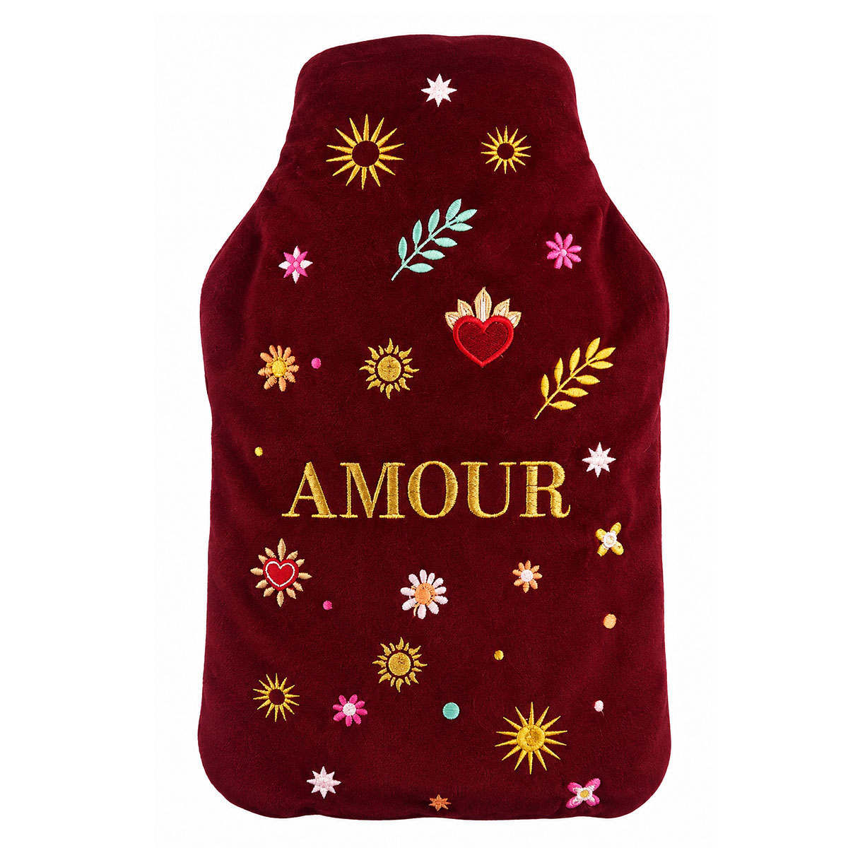 Bouillotte � eau velours brod� Amour bordeaux 27 cm