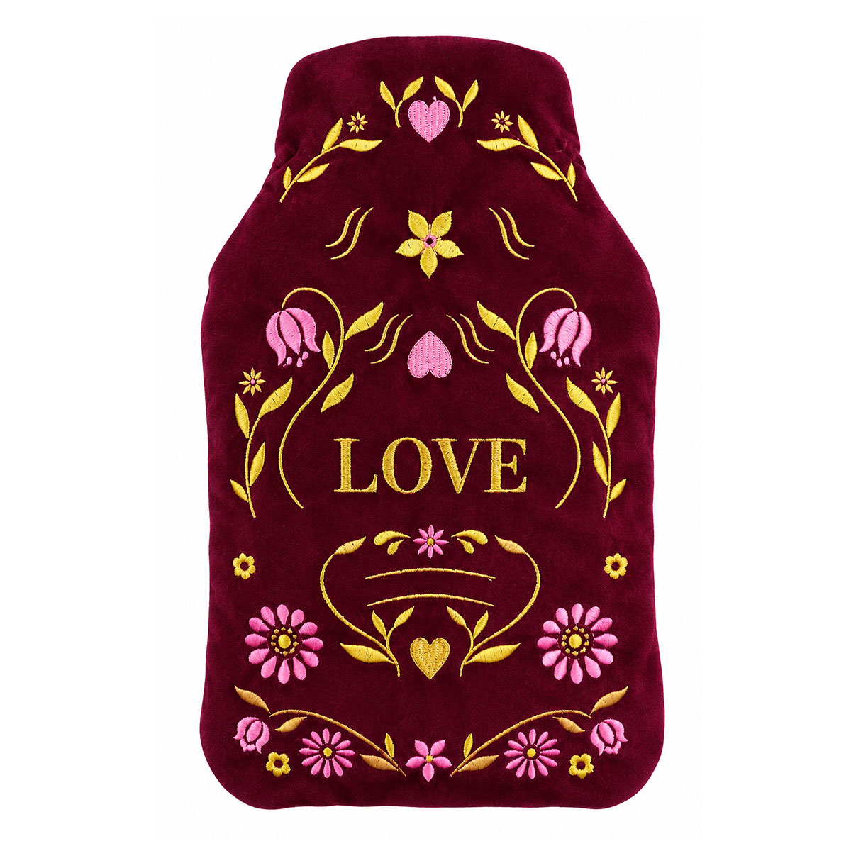 Bouillotte � eau velours brod� Love bordeaux 27 cm