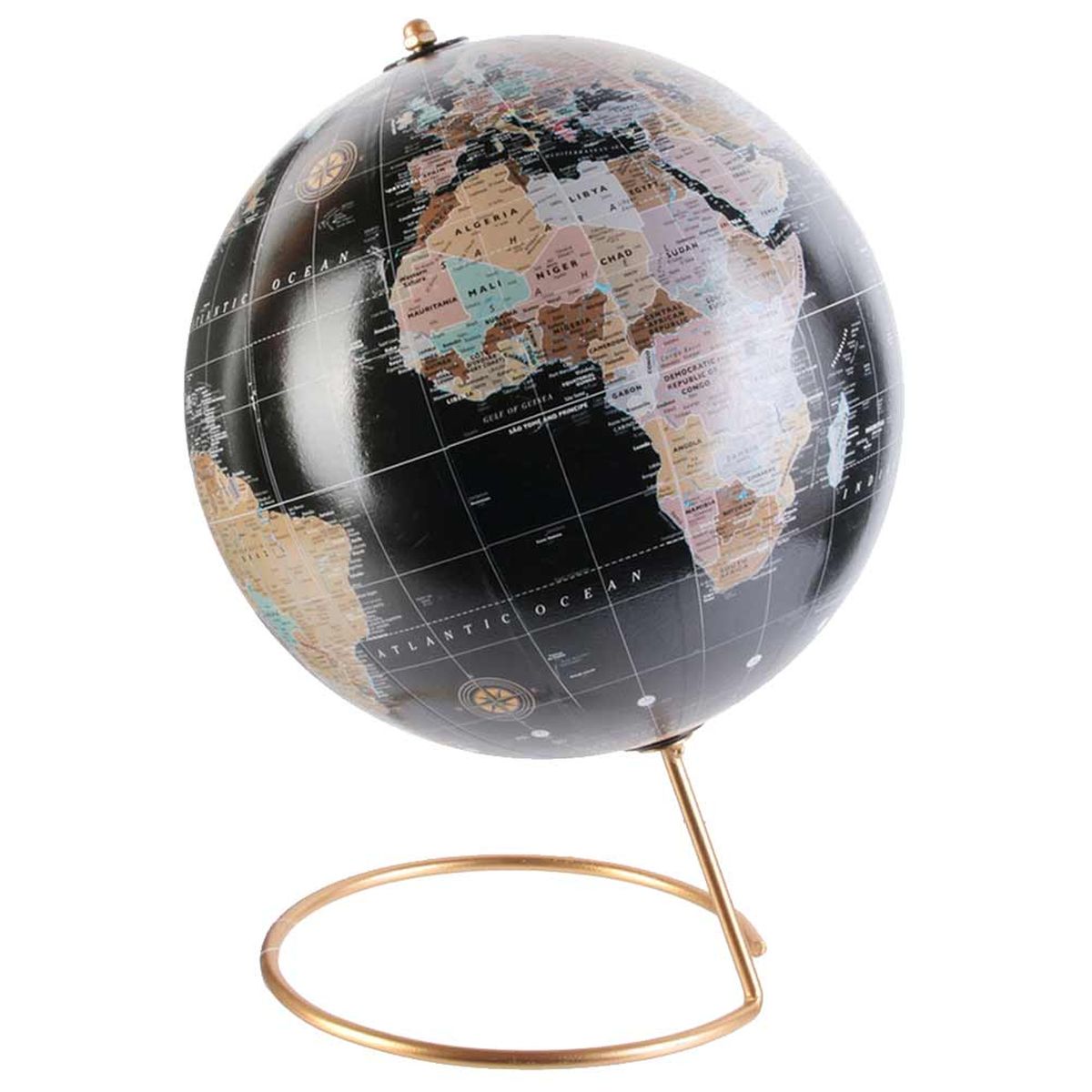 Globe Terrestre Noir avec pied en mtal Or 29 cm
