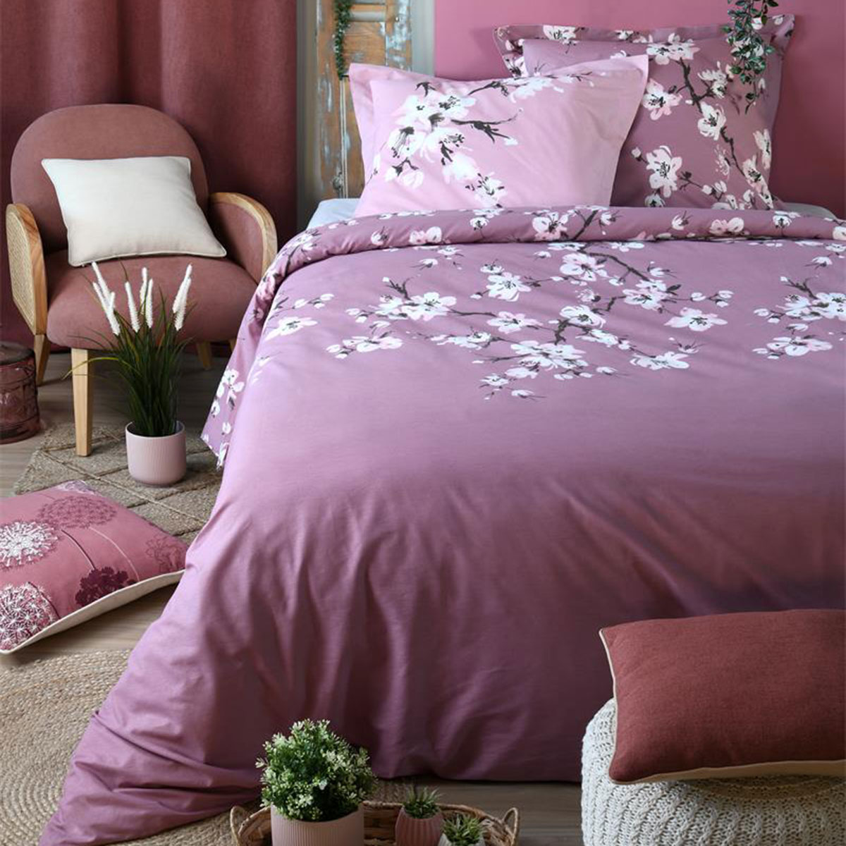 Housse de couette Kanda blush et deux taies