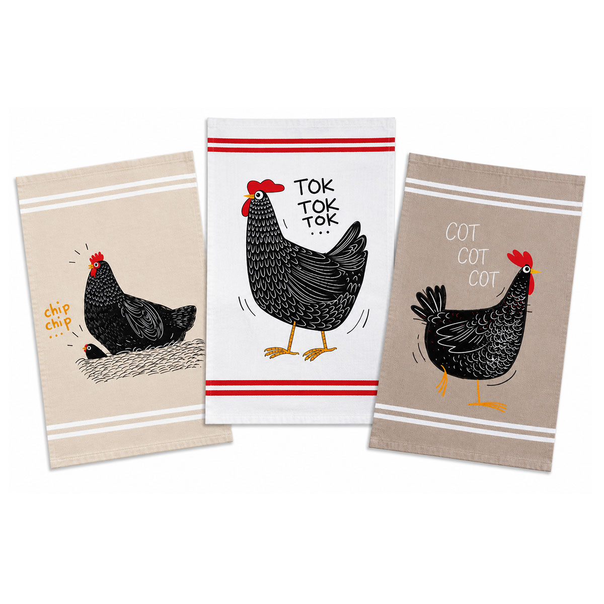Lot de 3 torchons poules en coton serg� 50 x 70 cm