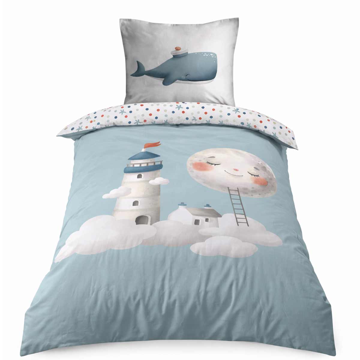Parure housse de couette enfant Moby bleu 140x200 cm