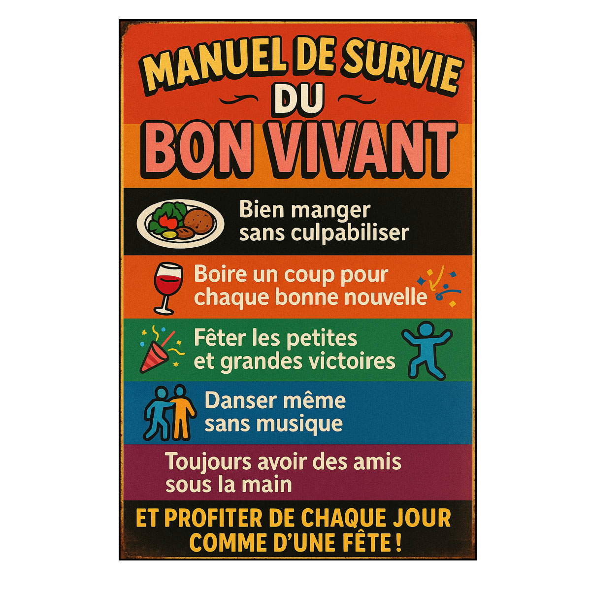 Plaque mtal Manuel de survie du Bon Vivant  30,5 x 20 cm