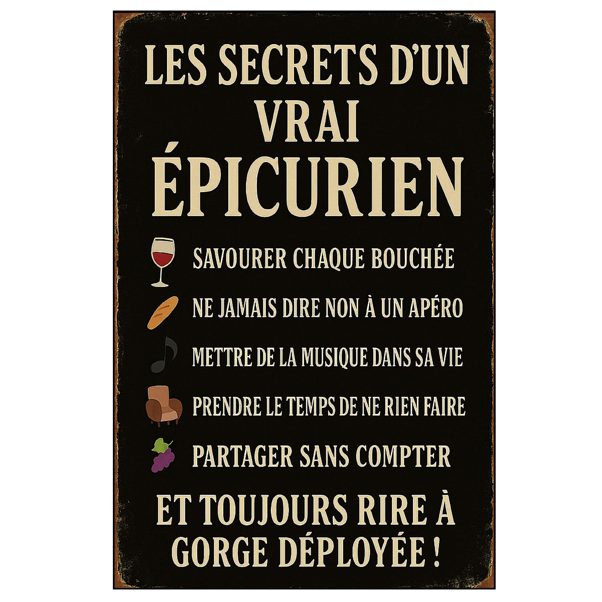 Plaque mtal Les secrets dun vrai picurien  30,5 x 20 cm