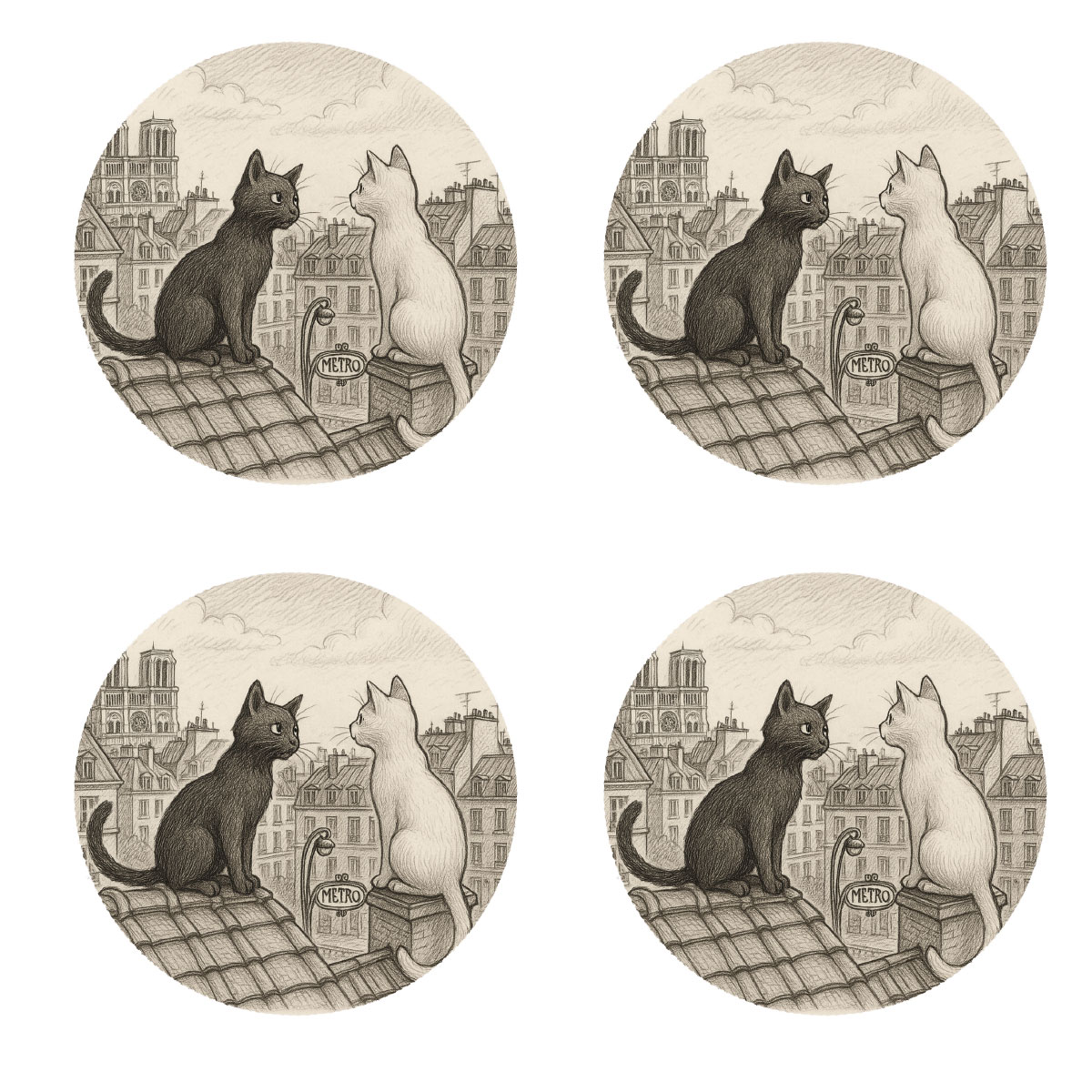 Set de 4 dessous de verres Paris  Chats sur les toits