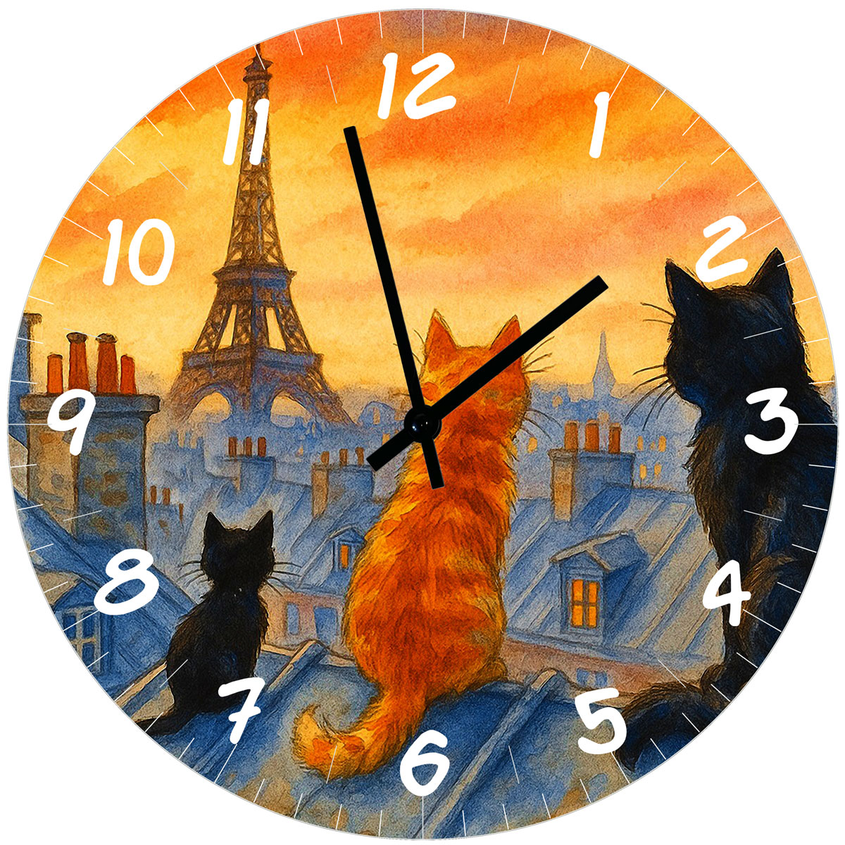 Horloge ronde en verre Chats sur les toits de Paris