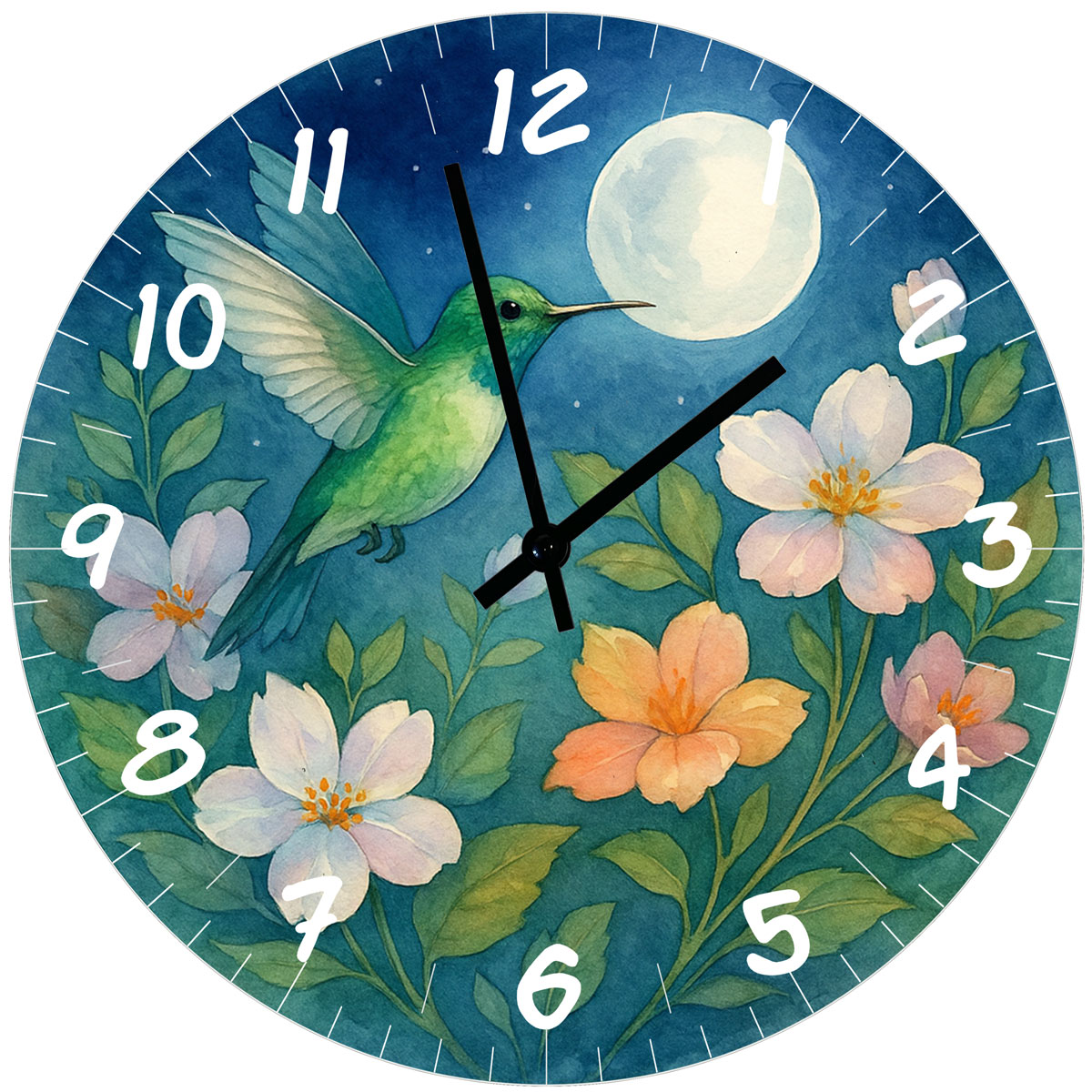 Horloge murale en verre � Colibri, Fleurs et Lune