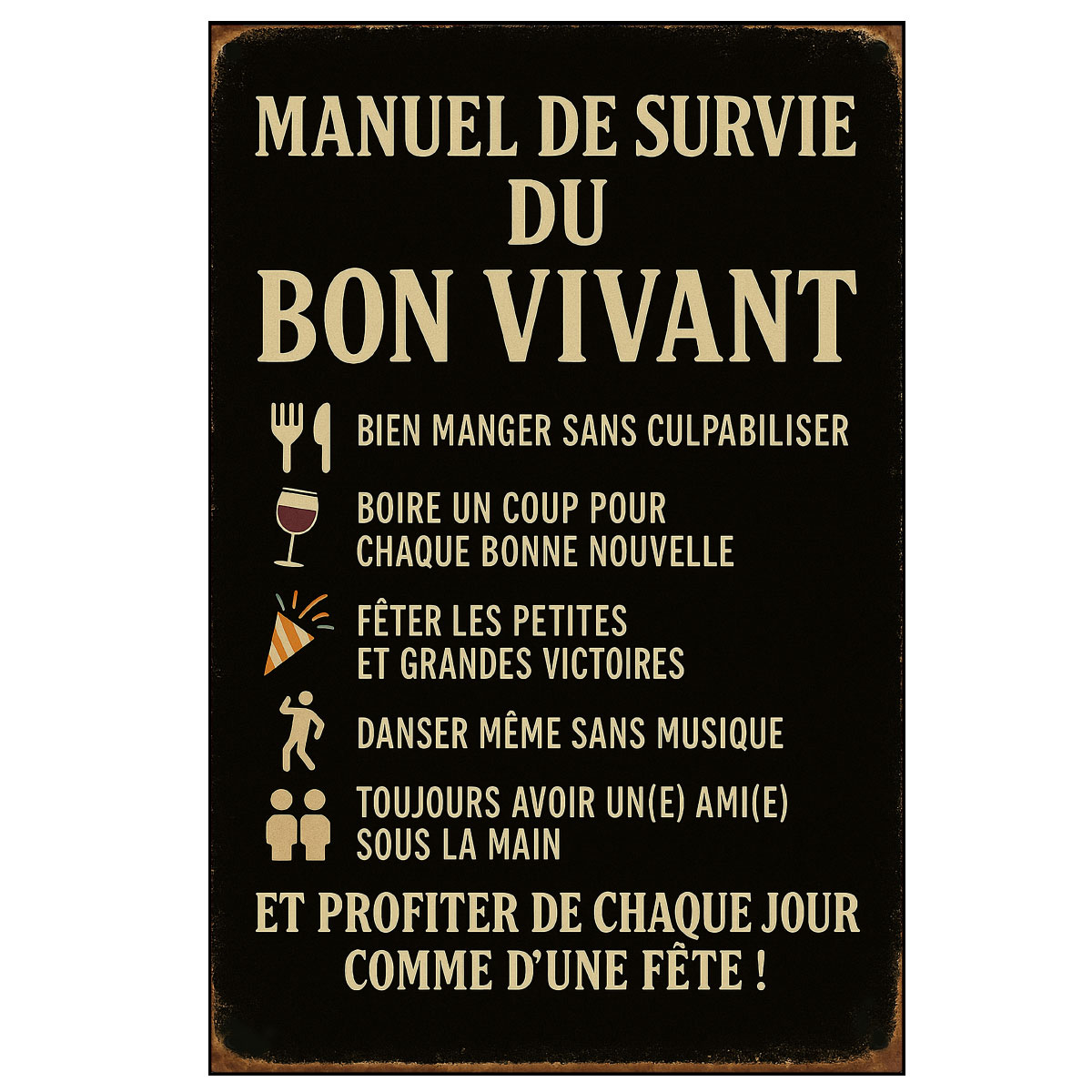 Plaque mtal Manuel de survie du Bon Vivant  30,5 x 20 cm