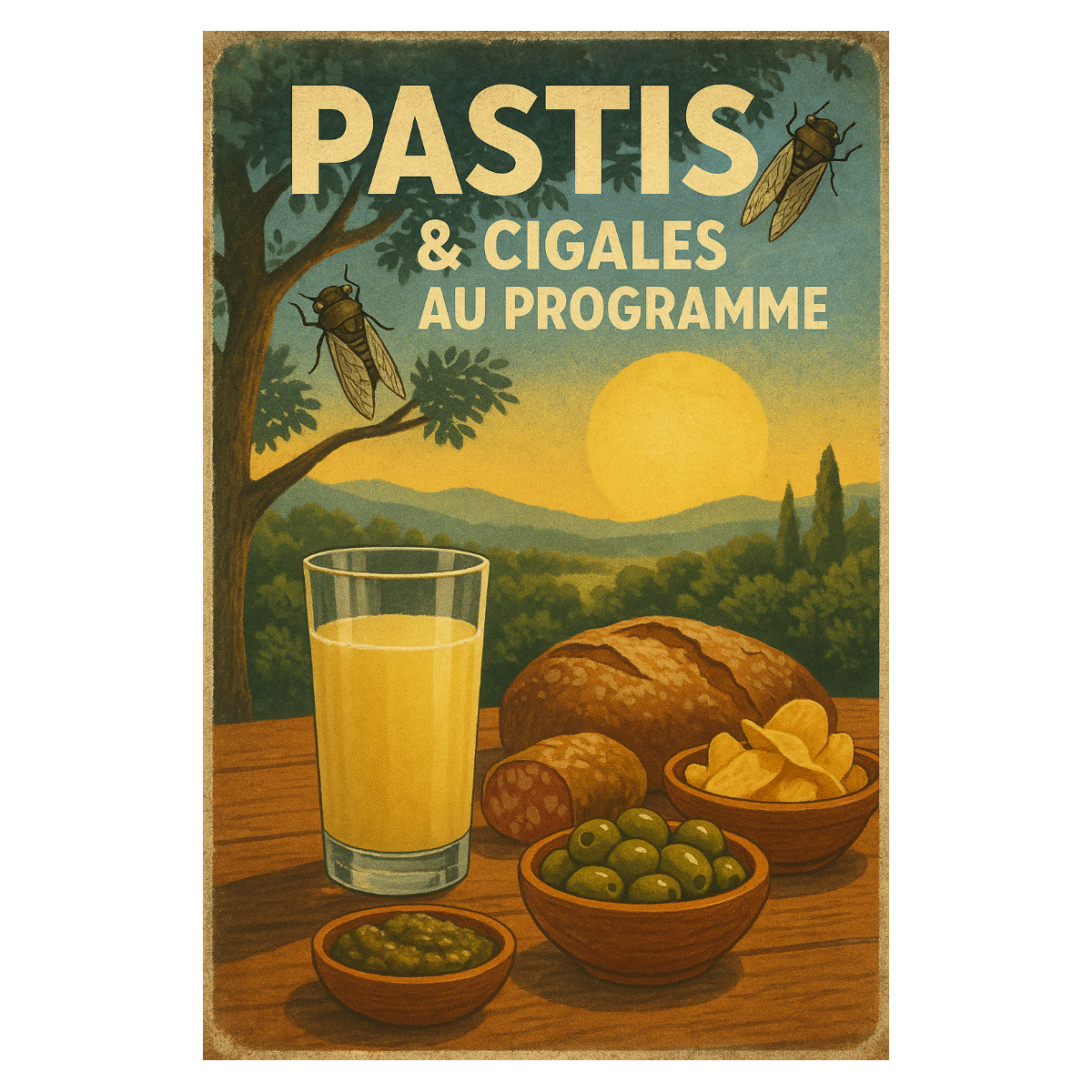 Plaque m�tal Pastis et Cigales au programme