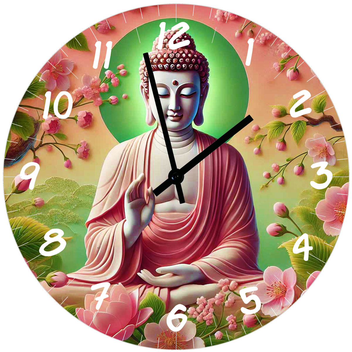 Horloge en verre Bouddha Mudra  Fleurs de cerisier