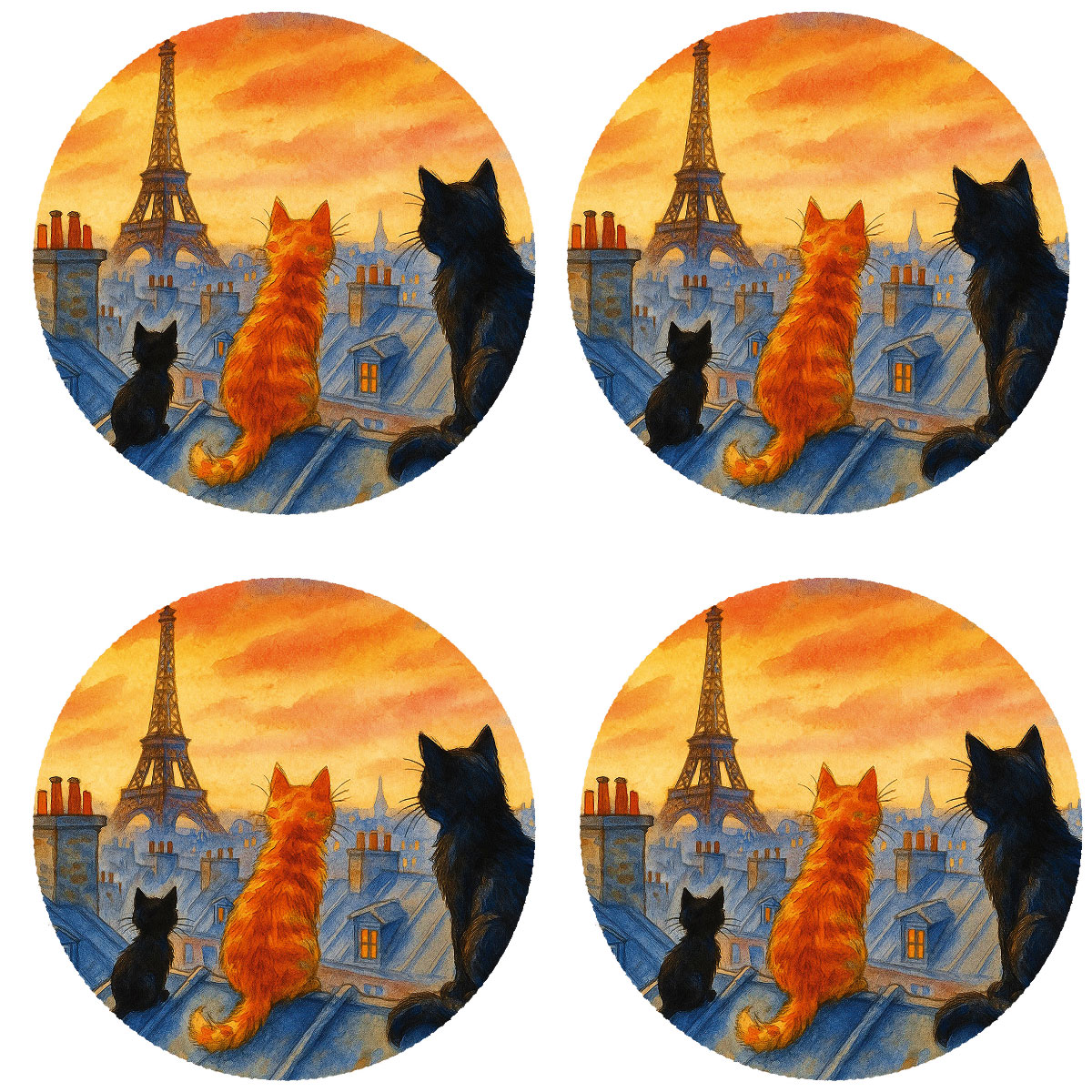 Set de 4 dessous de verres Paris  Chats et Tour Eiffel