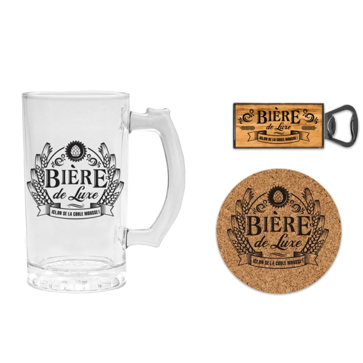 Coffret cadeau verre  bire, dessous de verre et dcapsuleur