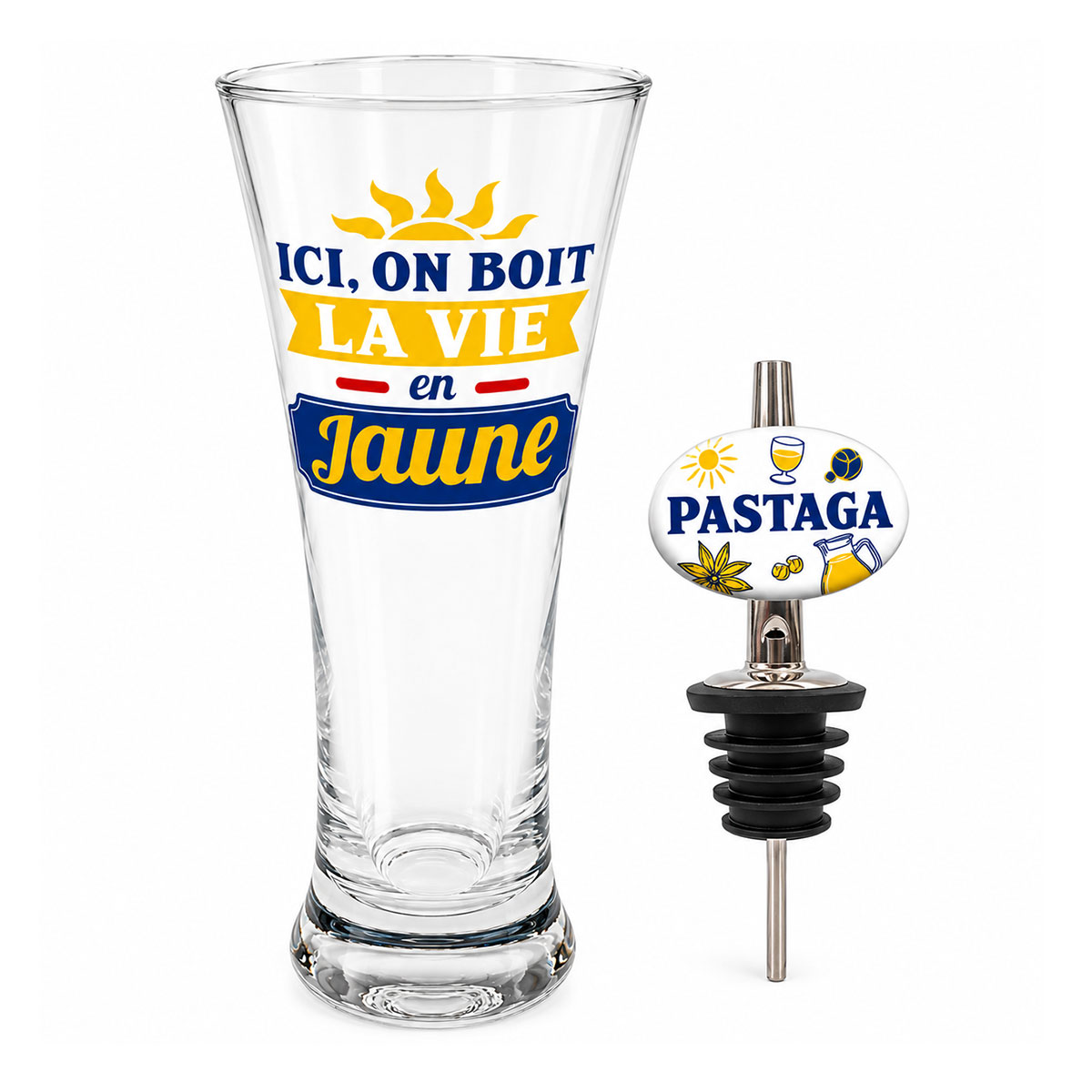 Coffret cadeau pastis La vie en jaune avec verre et bec verseur