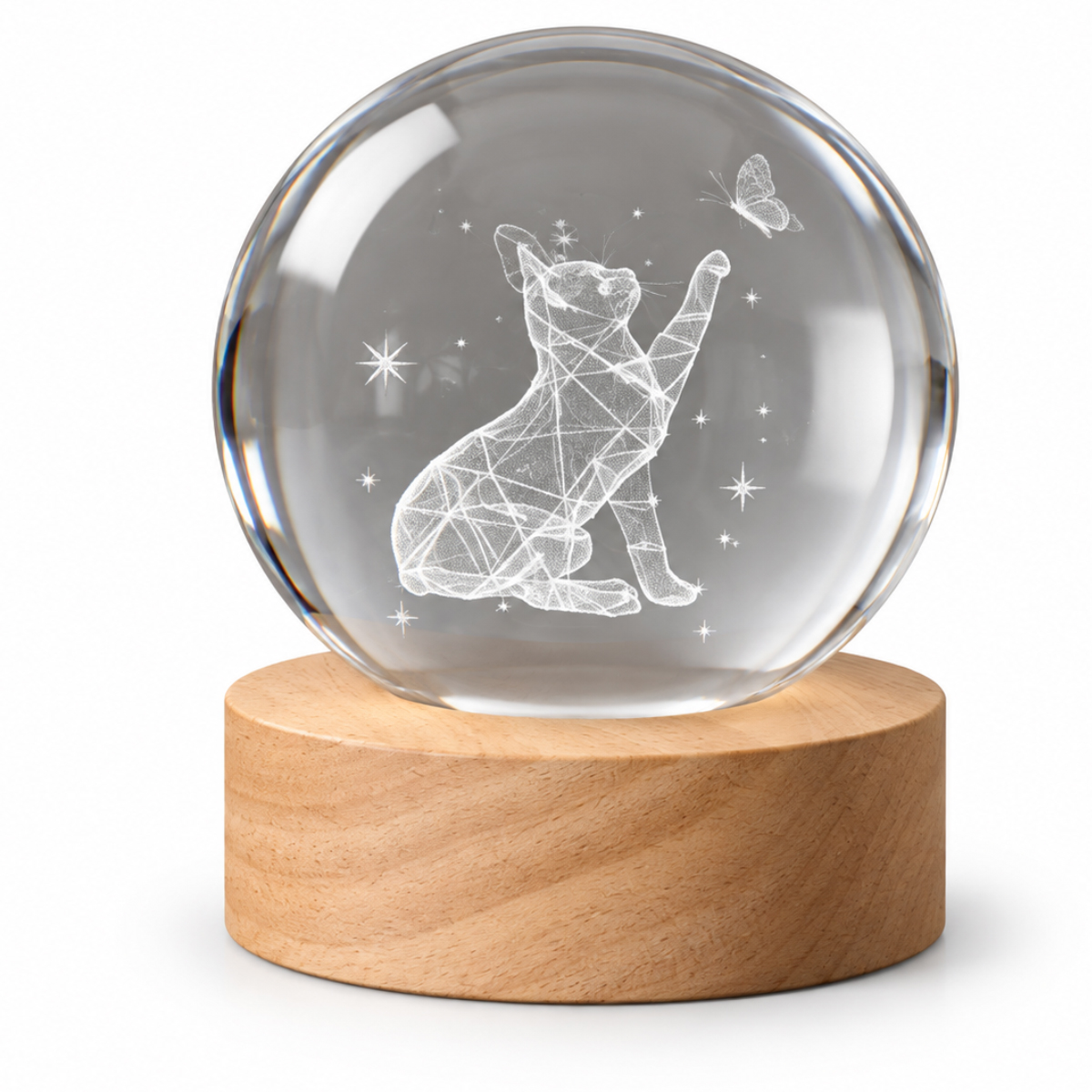 Veilleuse LED 3D chat et papillon �toil� en verre 8,5 cm