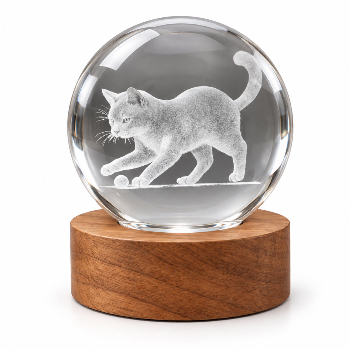 Veilleuse LED 3D chat joueur avec balle en verre et bois