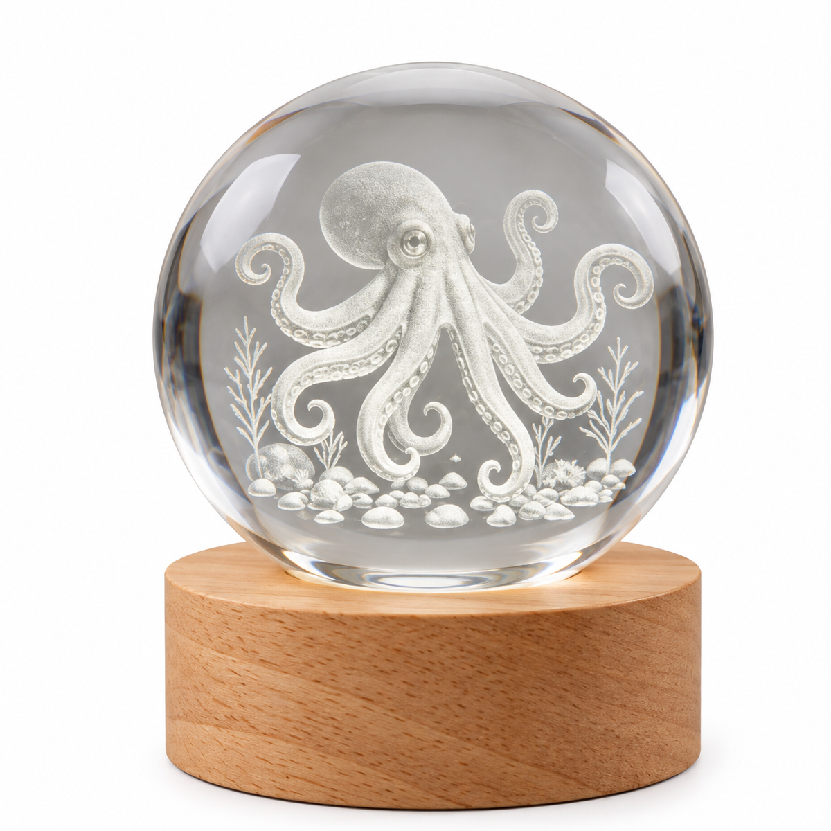 Veilleuse LED 3D pieuvre en verre sur socle en bois
