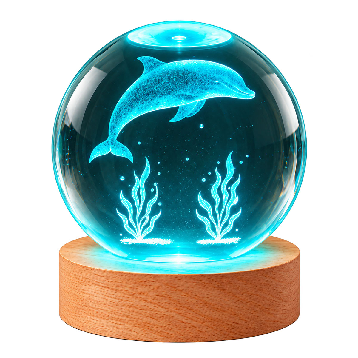 Veilleuse LED dauphin en verre et bois 10,7 cm