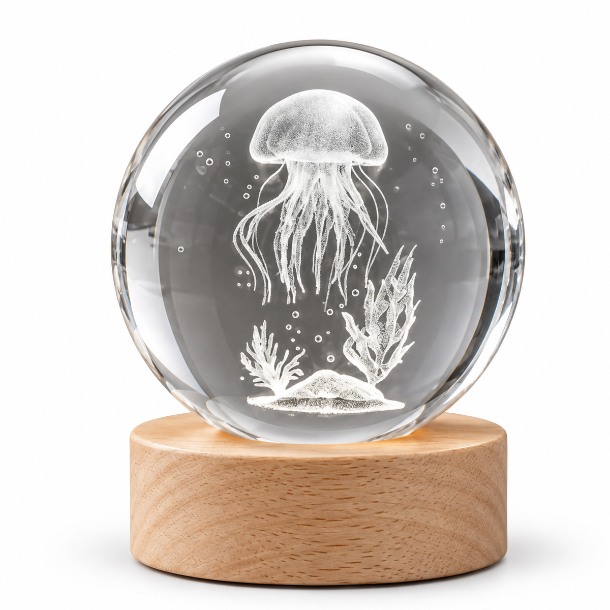 Veilleuse LED 3D m�duse en verre et socle en bois