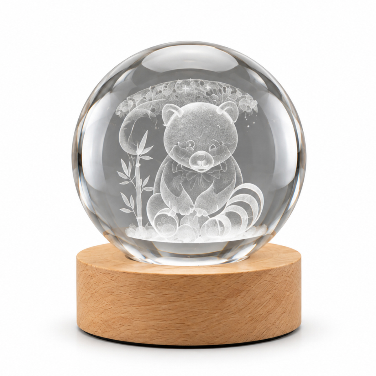 Veilleuse LED 3D panda roux boule de verre Lightmeup