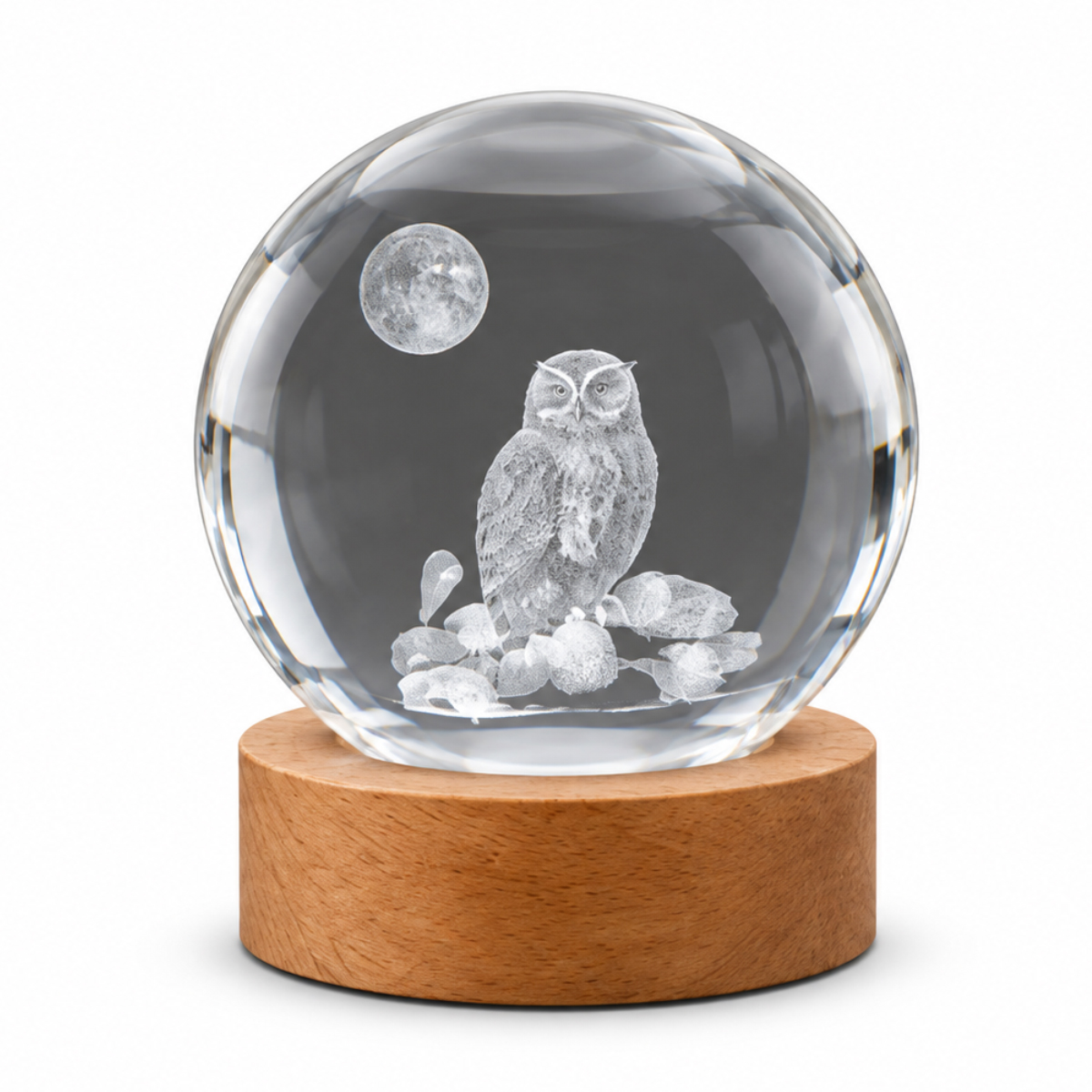 Veilleuse LED 3D hibou et pleine lune en verre et bois 8,5 cm