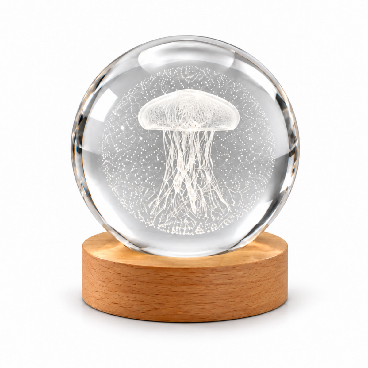 Veilleuse LED 3D m�duse en verre et bois 8,5 cm