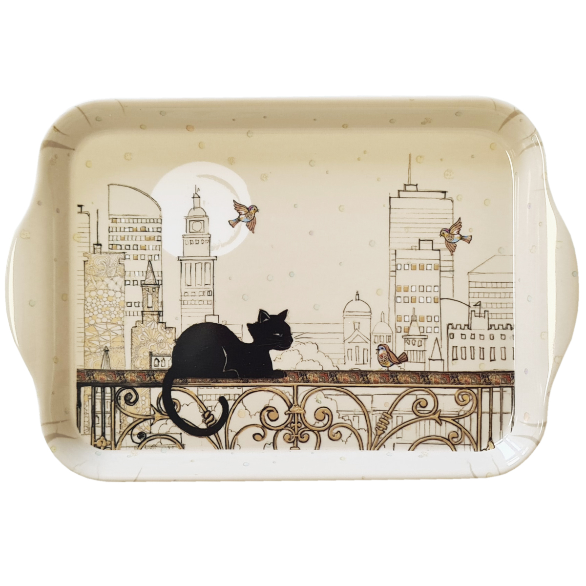 Petit plateau Chat et oiseaux skyline Paris en mlamine 20.8 cm