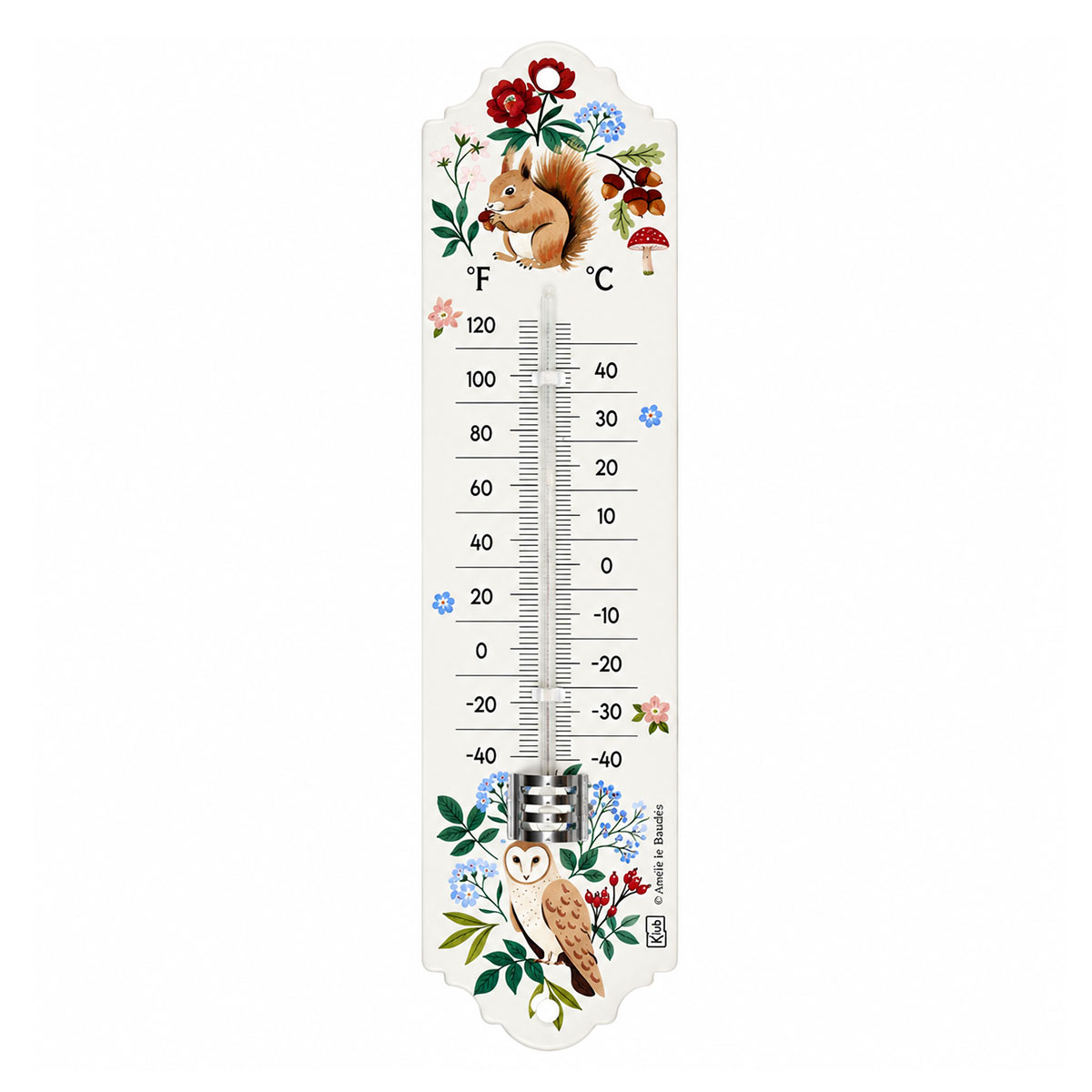 Thermom�tre mural �cureuil et chouette en m�tal 20 cm