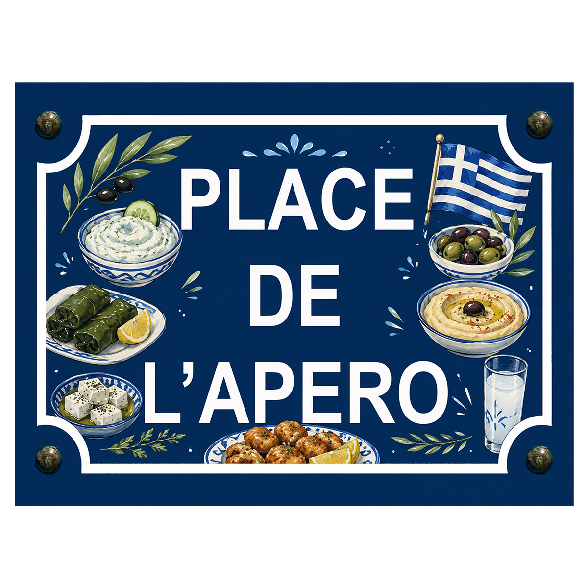 Plaque m�tal place de l'ap�ro grec � 20 x 15 cm