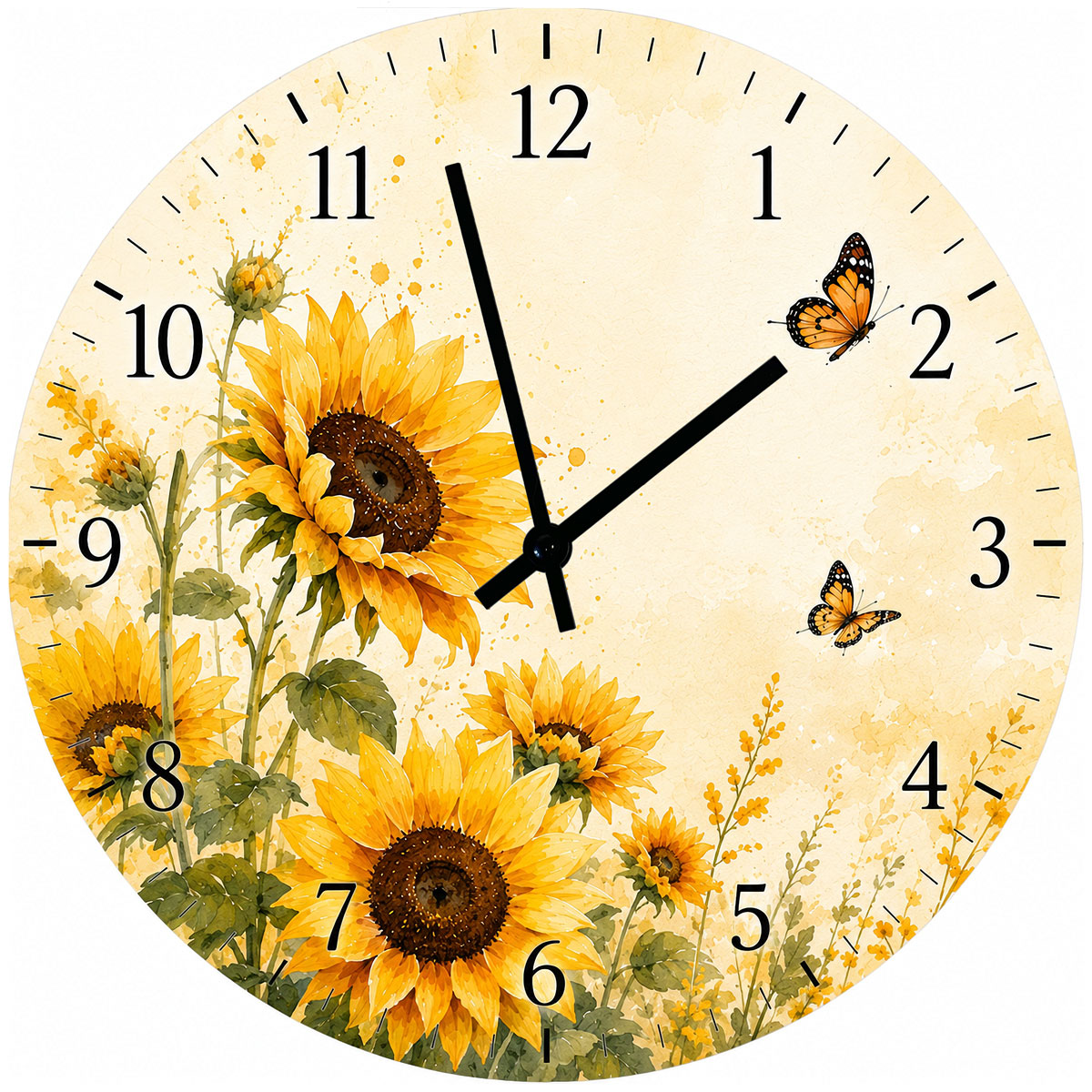 Horloge Murale Verre Tournesols et Papillons Aquarelle 29 cm