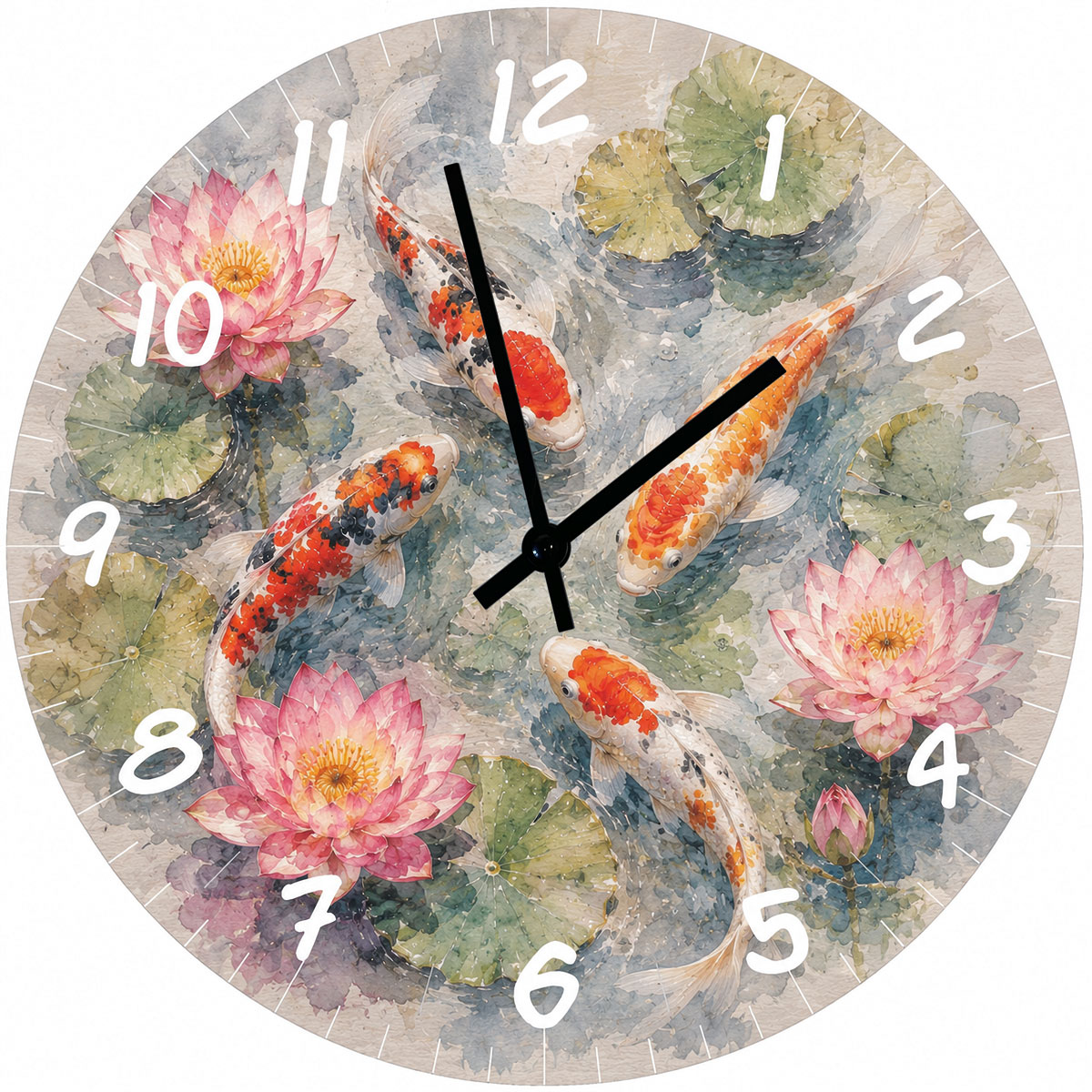 Horloge murale carpes ko� et fleurs de lotus en verre � 29 cm