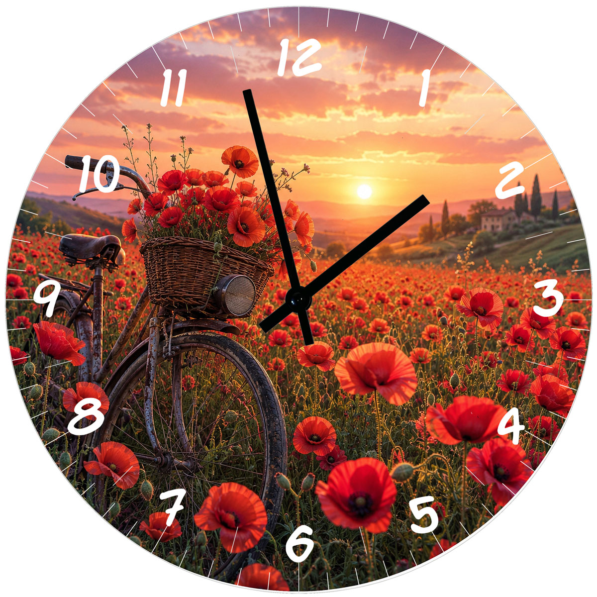 Horloge Murale Verre 29 cm V�lo Vintage et Coquelicots