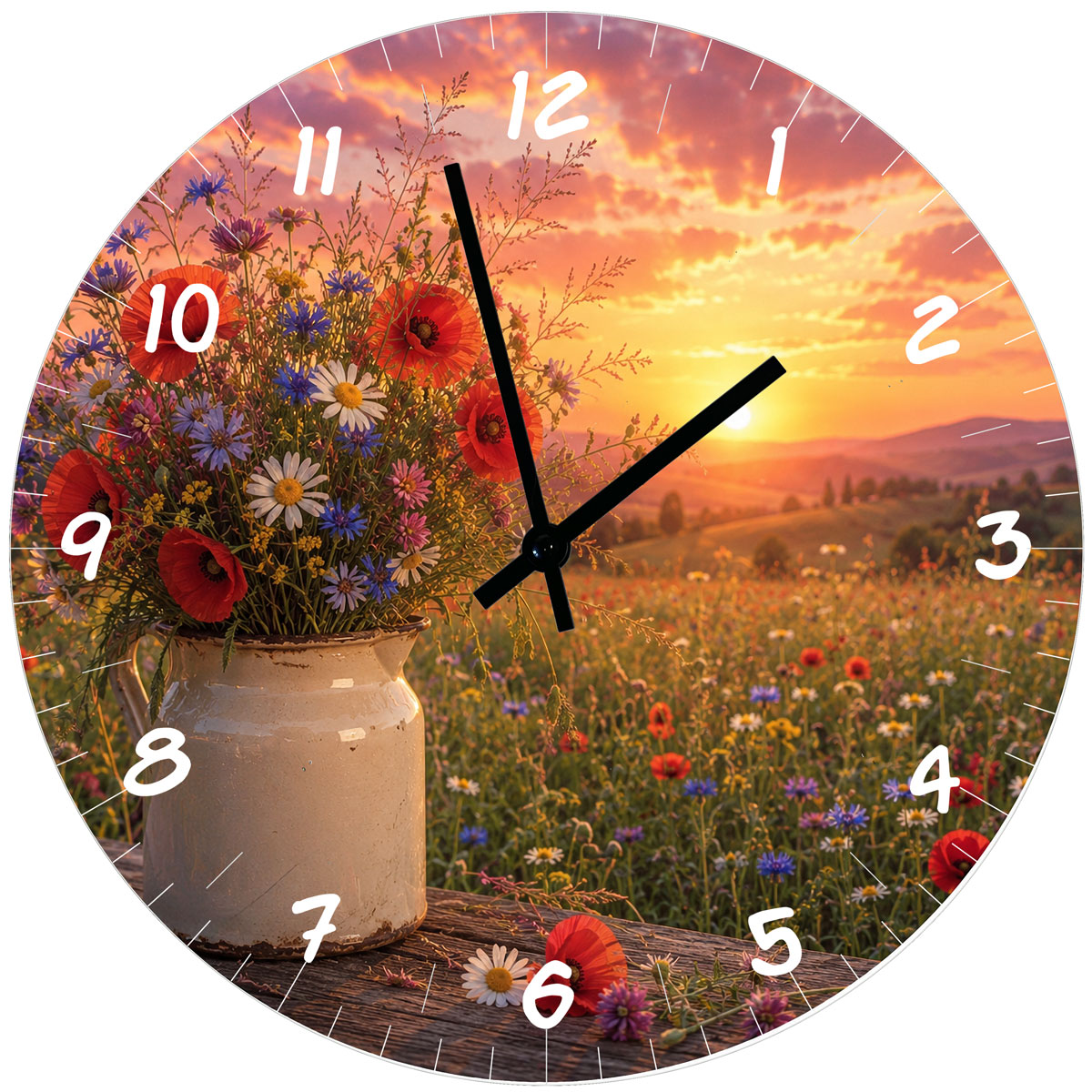 Horloge Murale Verre Bouquet Champ�tre au Coucher du Soleil 29 c