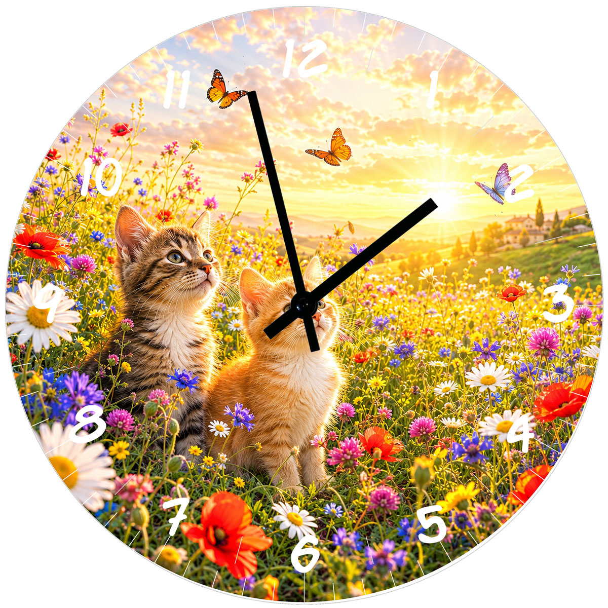 Horloge Murale Verre 29 cm Chatons dans un Champ Fleuri