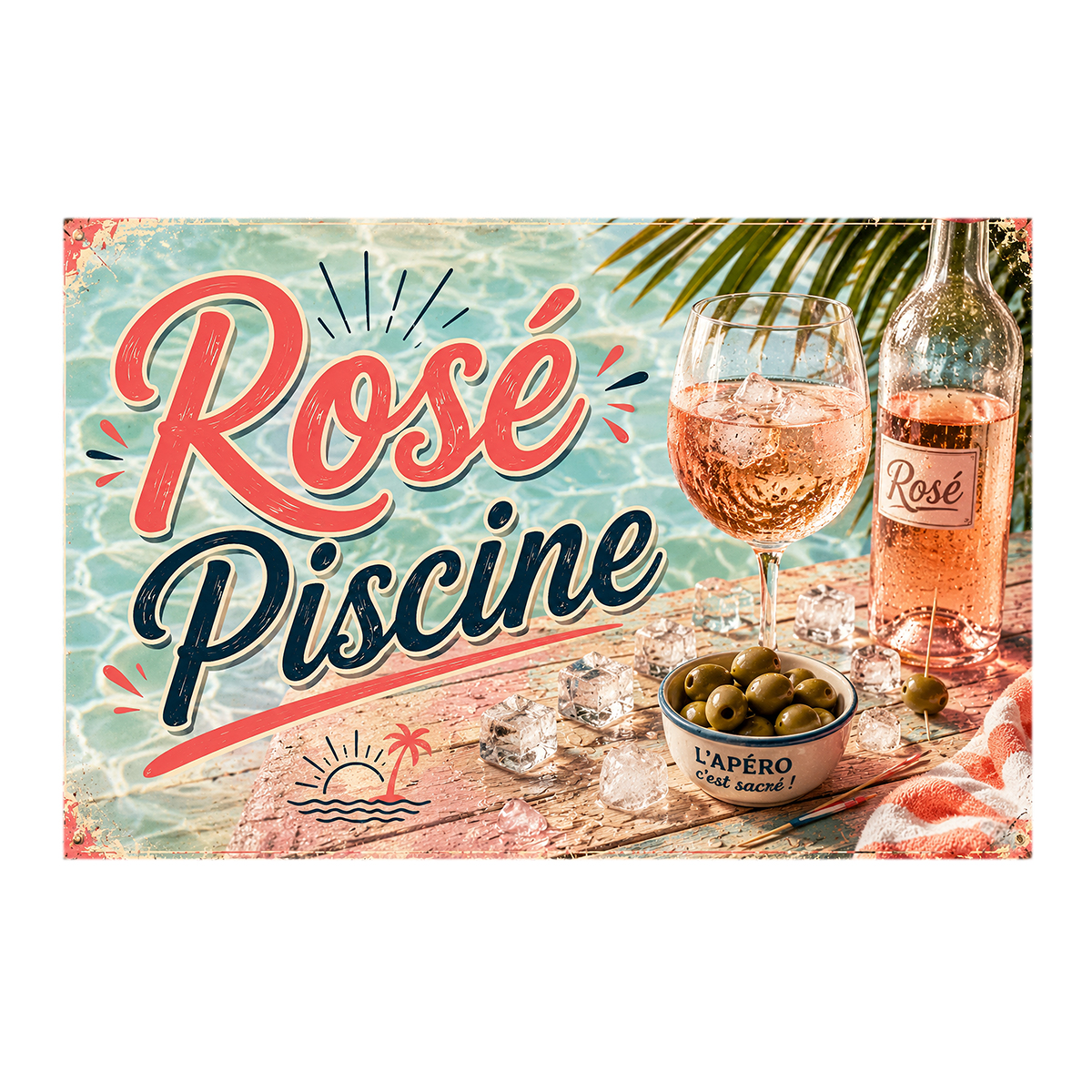 Plaque m�tal humoristique Ros� piscine 30 x 20 cm