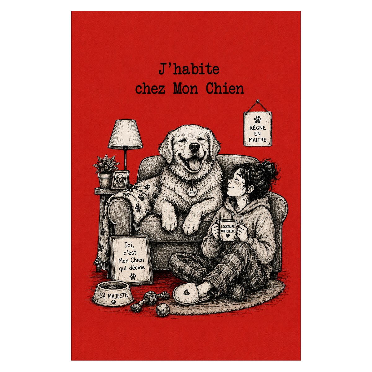 Plaque m�tal humoristique J�habite chez mon chien 30 x 20 cm