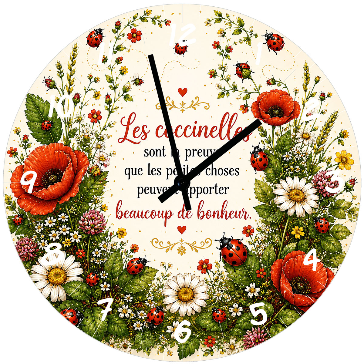 Horloge Murale Verre Coccinelles et Fleurs des Champs 29 cm