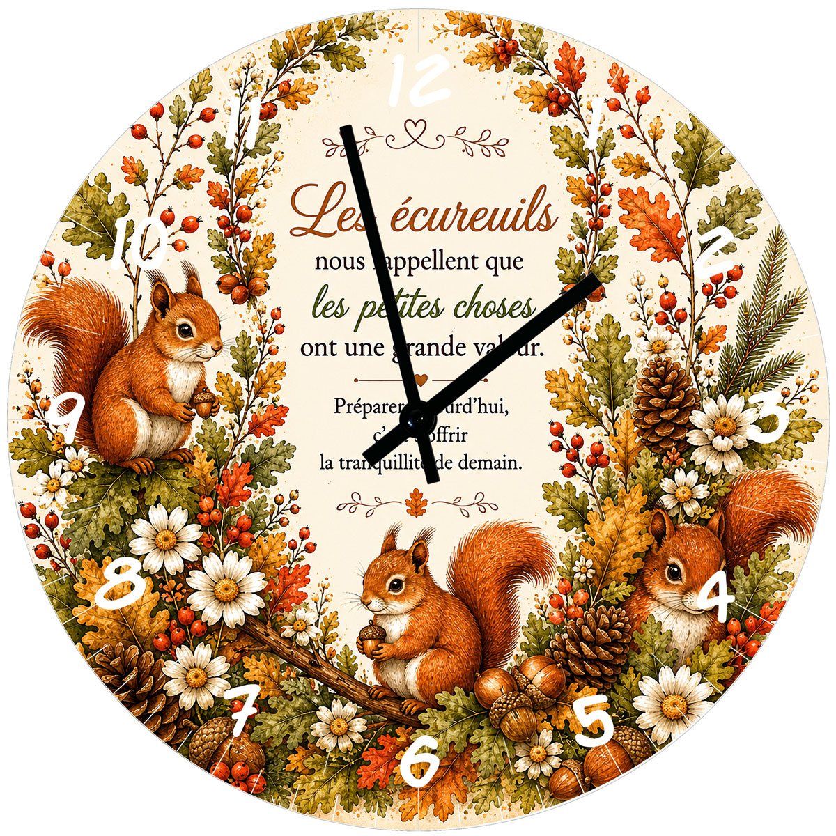 Horloge Murale Verre �cureuils et Citation Automnale 29 cm