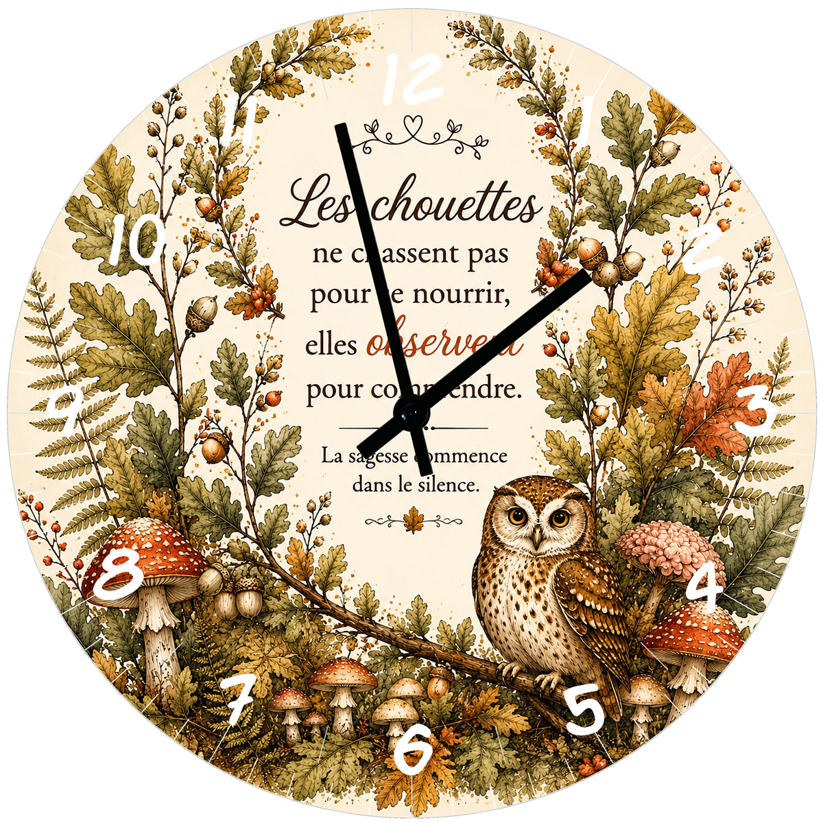 Horloge Murale Verre Chouette et Citation Sagesse 29 cm