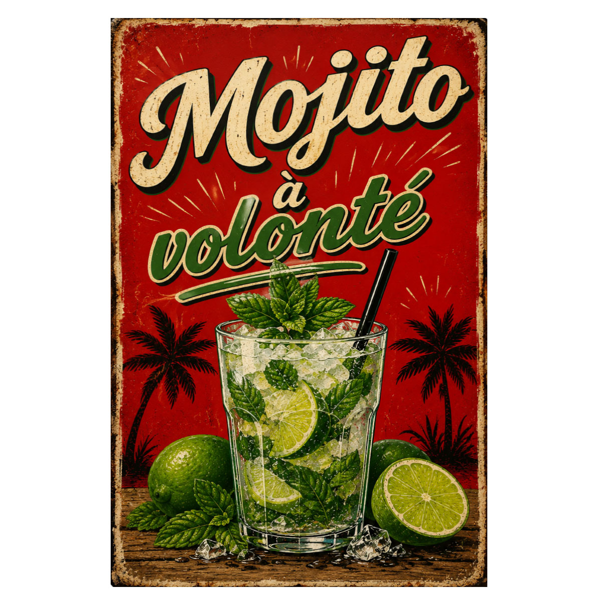 Plaque m�tal Mojito � volont� d�co bar vintage 30 x 20 cm