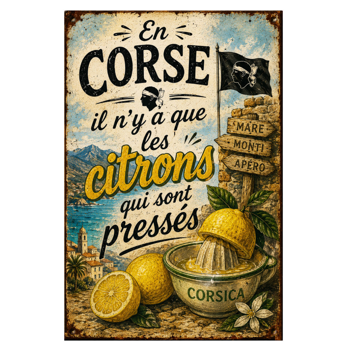Plaque m�tal Corse - Les citrons sont les seuls press�s 30x20 cm