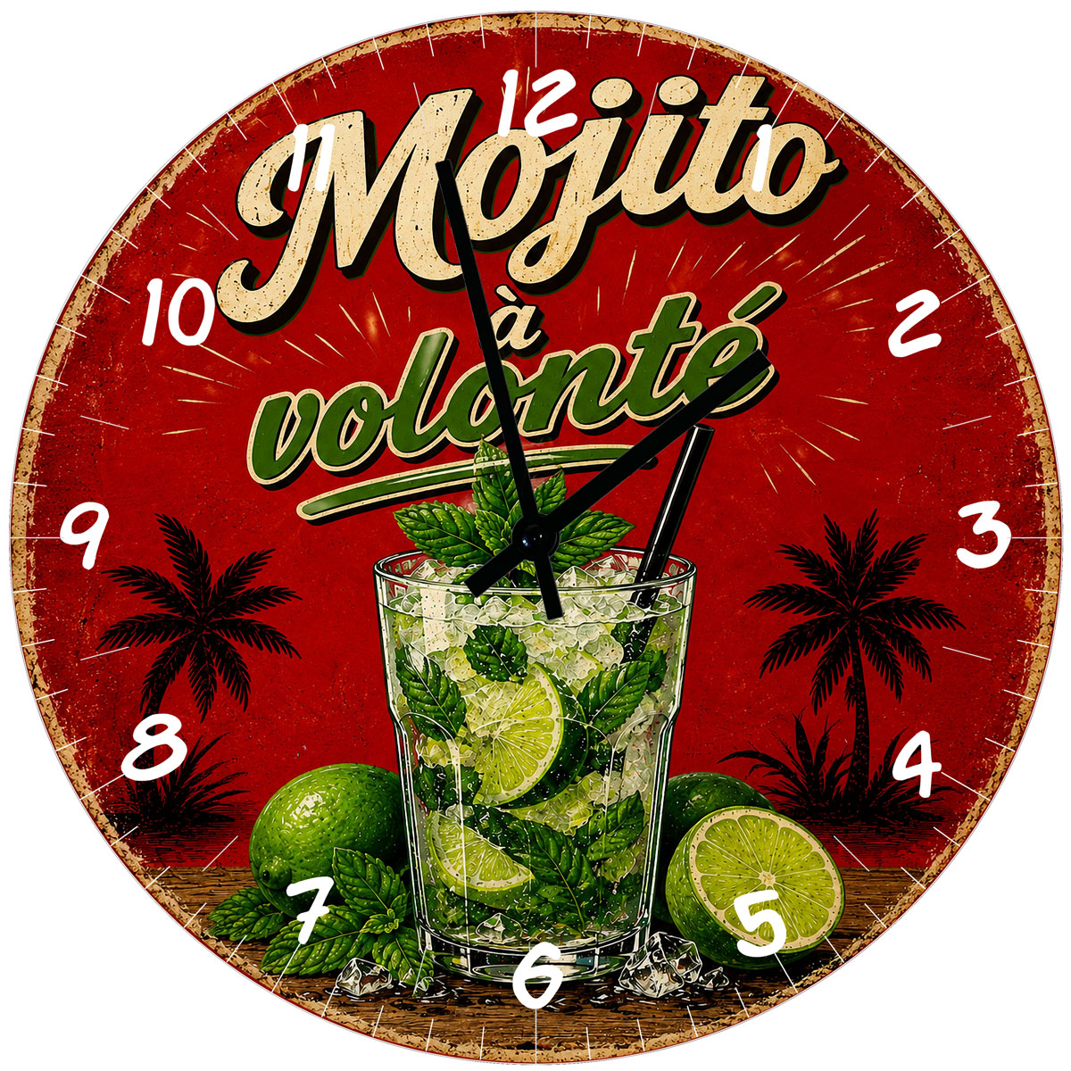 Horloge murale Mojito � volont� en verre 29 cm d�co bar vintage