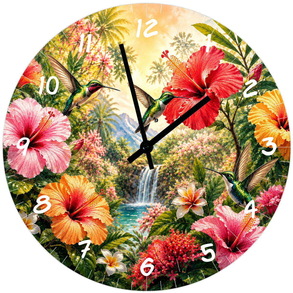 Horloge murale en verre colibris et hibiscus � 29 cm