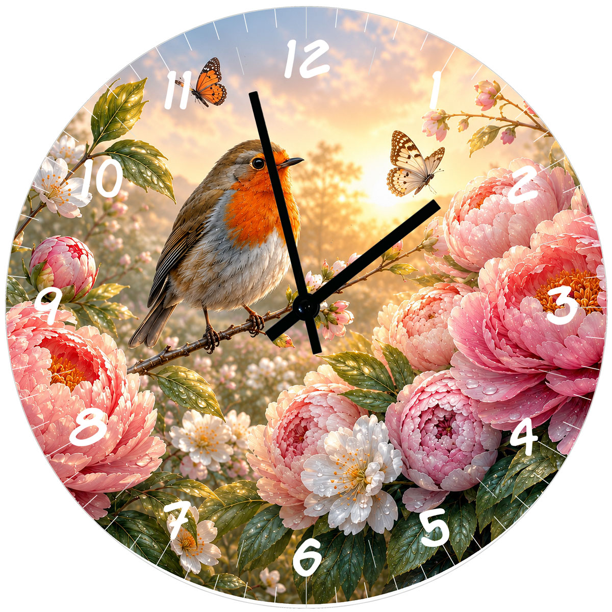 Horloge murale en verre rouge-gorge et pivoines D29 cm