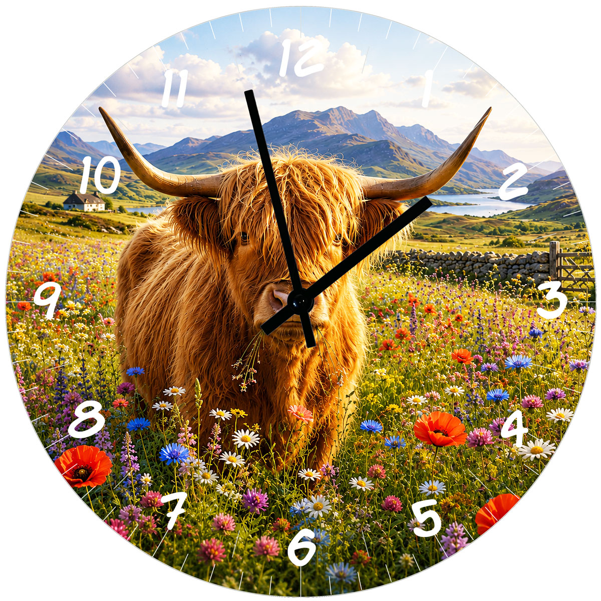 Horloge murale Vache Highland en verre 29 cm d�coration nature